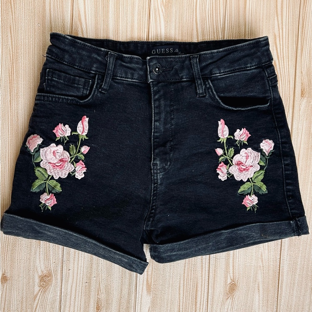 GUESS sz 27 Black Jean Shorts with Pink Floral Embroidery